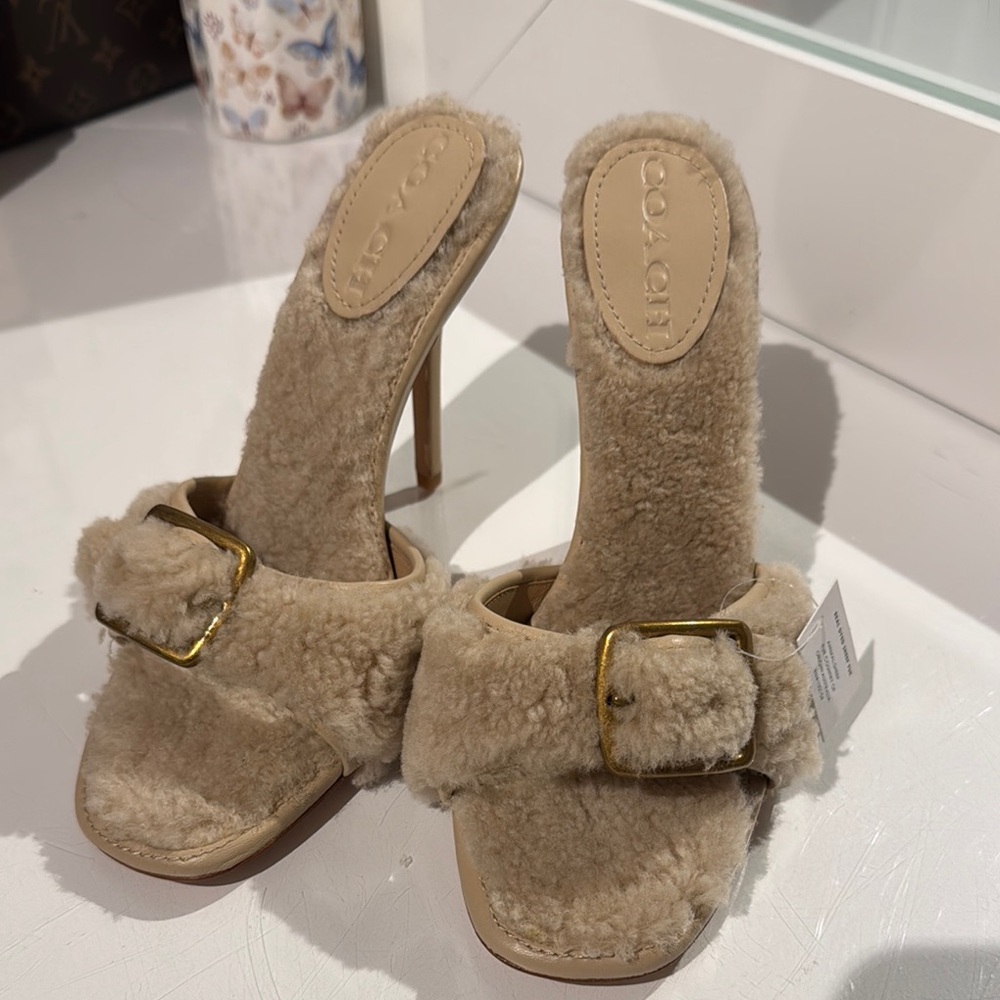 Coach Women's Tan Shearling Heels - Size 8